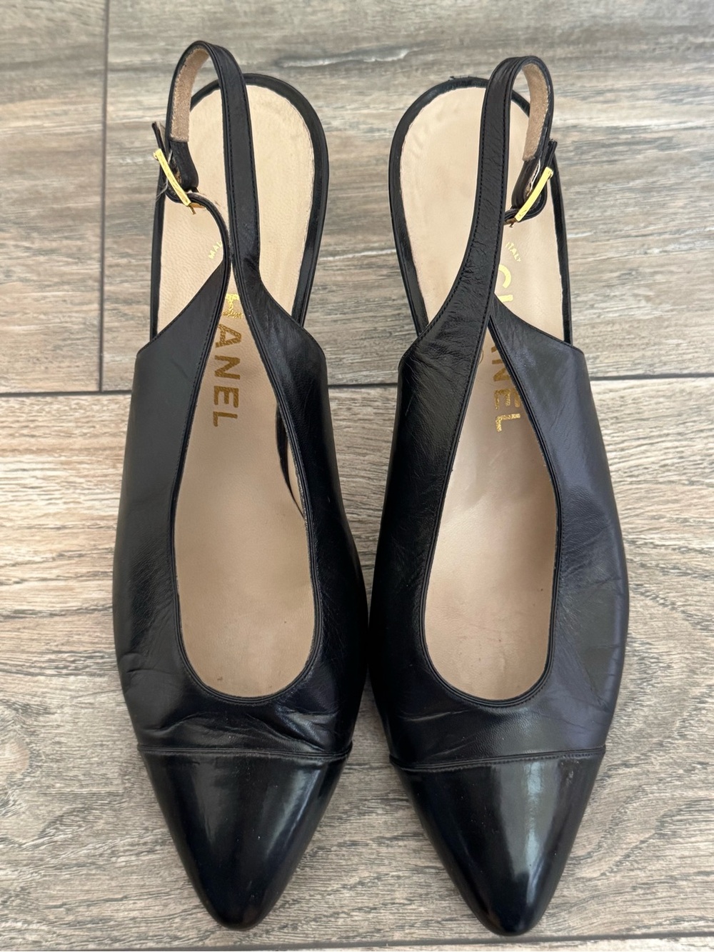 Vintage CHANEL Black Leather Patent Cap Toe Slingback Heels Pumps Size 10 Italy